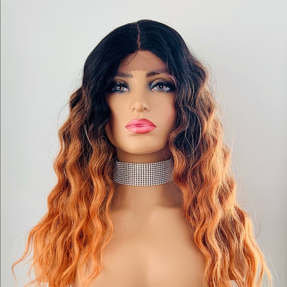 Long Wavy 24” Ombre Orange Copper Premium Fiber Lace Front Wig - Picture 9 of 14
